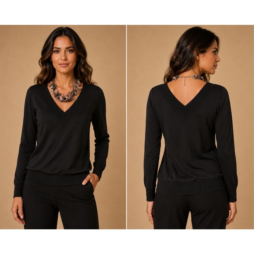 Cache Black Matte Jersey Double Plunging V Neck Top New Banded Bottom $98 NWT M